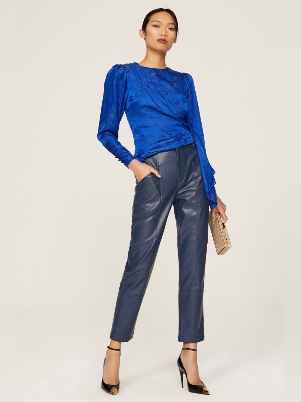 Ronny Kobo Collection Navy Faux Leather Cropped Straight-Leg Pants